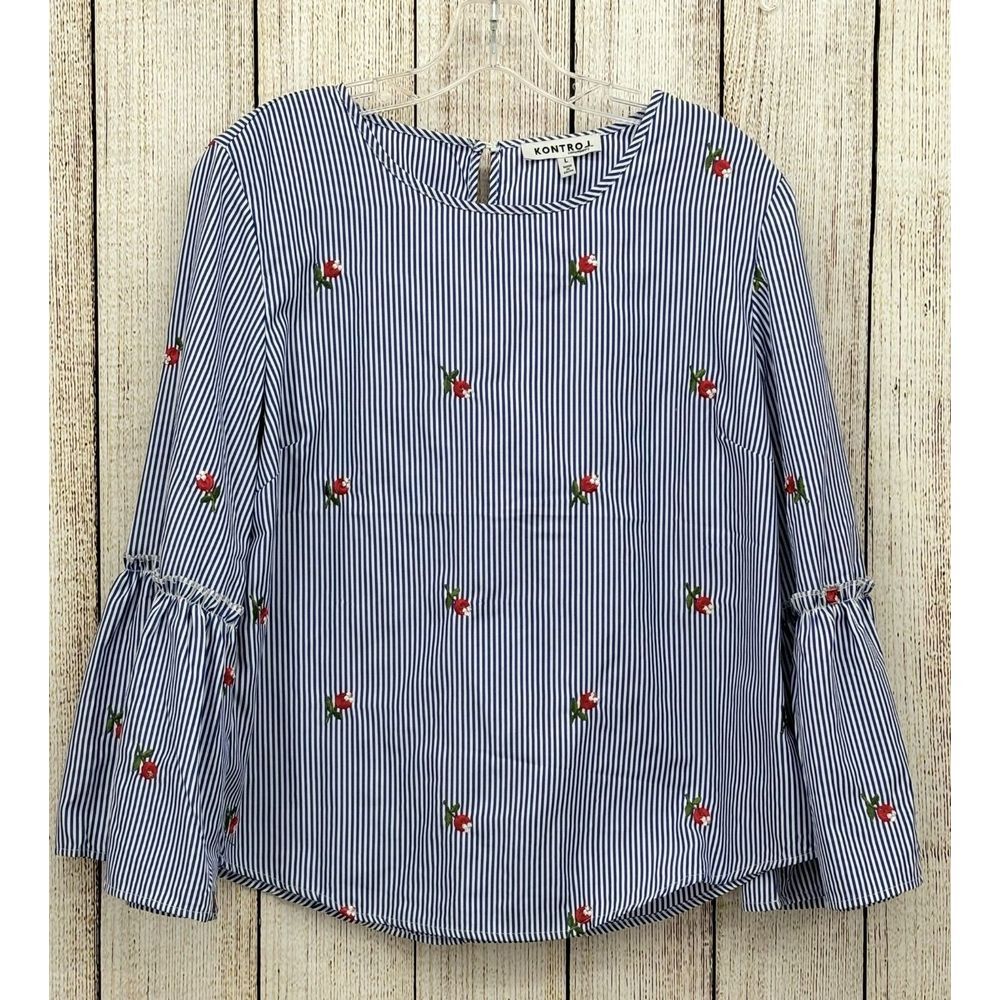 Blue Striped Embroidered Cherry Bell-Sleeve Blouse